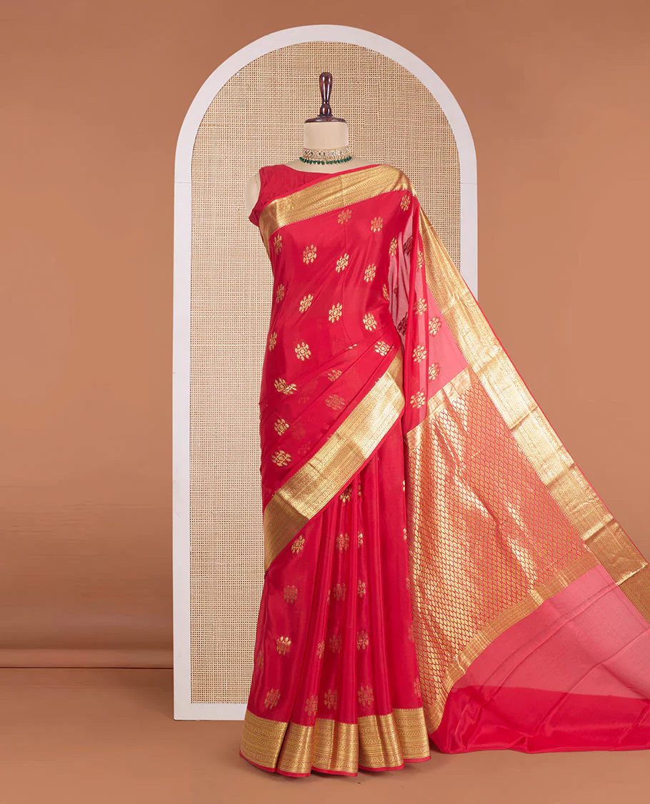 Red zari buttas Mysore silk saree, traditional zari design woven border, and pallu of cypress tree motifs - Image 2