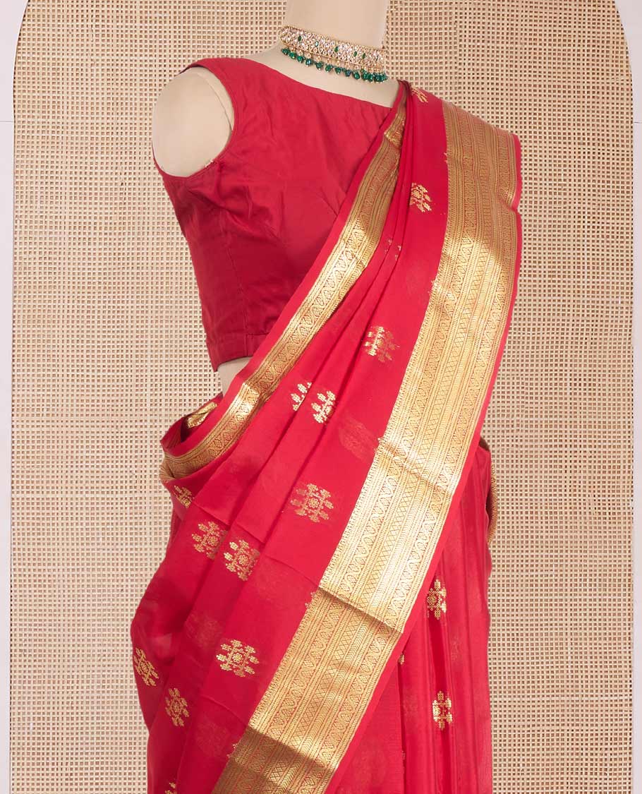 Red zari buttas Mysore silk saree, traditional zari design woven border, and pallu of cypress tree motifs - Image 3