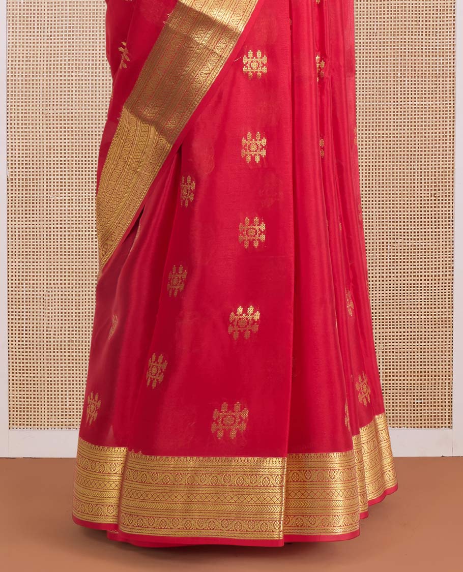 Red zari buttas Mysore silk saree, traditional zari design woven border, and pallu of cypress tree motifs - Image 4