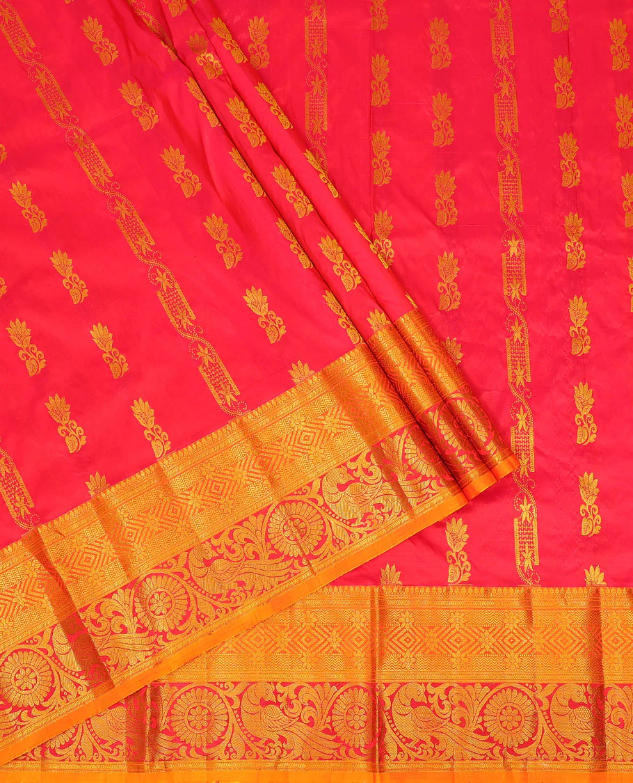 Red zari buttas pure-silk half-saree with contrast border of thilakam mokku, kathir, vanki, floral, and mayil chakram designs, contrast zari bordered blouse, and a jaal dhavani - Image 2