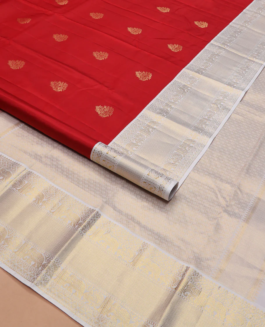 Red zari buttas Vasundhara silk saree, contrast border of rekku, mayil, yaanai, and mayil kann designs, and jaal pallu - Image 2