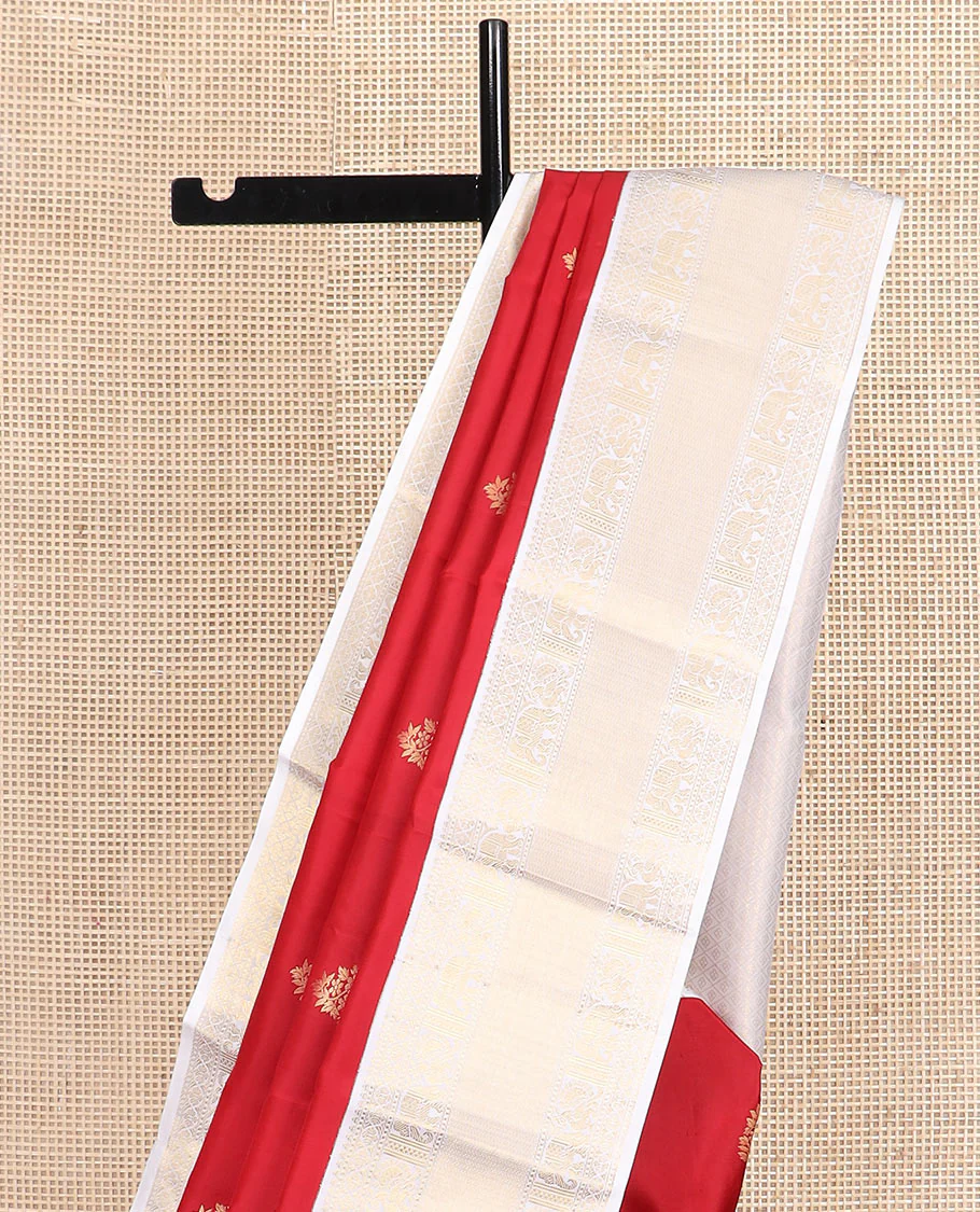 Red zari buttas Vasundhara silk saree, contrast border of rekku, mayil, yaanai, and mayil kann designs, and jaal pallu - Image 3