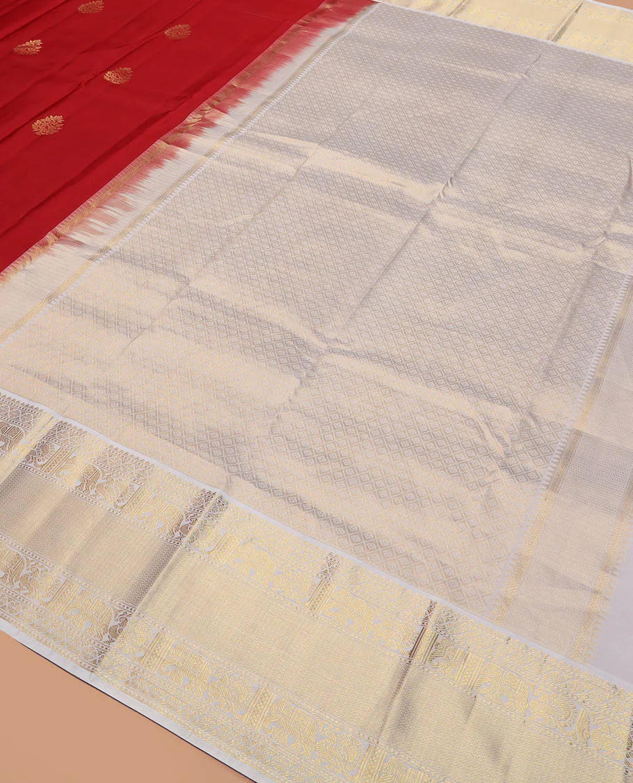 Red zari buttas Vasundhara silk saree, contrast border of rekku, mayil, yaanai, and mayil kann designs, and jaal pallu - Image 5