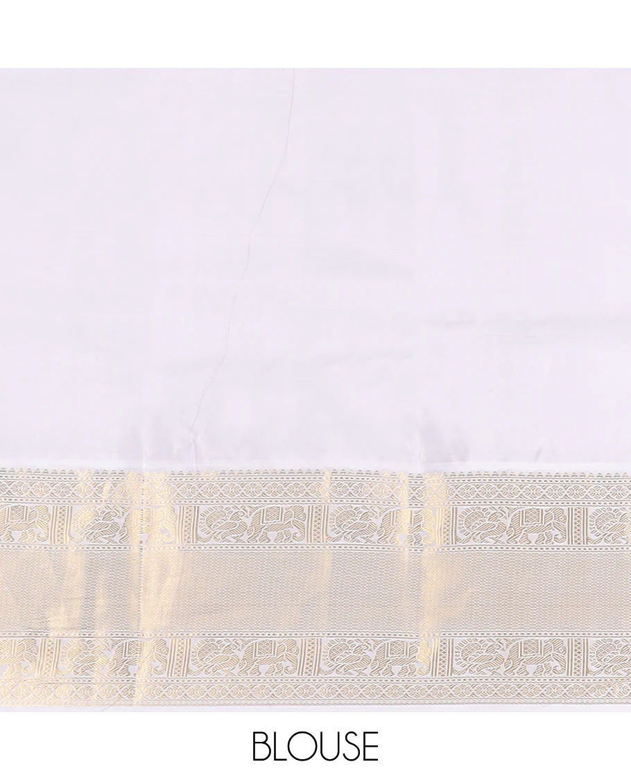 Red zari buttas Vasundhara silk saree, contrast border of rekku, mayil, yaanai, and mayil kann designs, and jaal pallu - Image 6