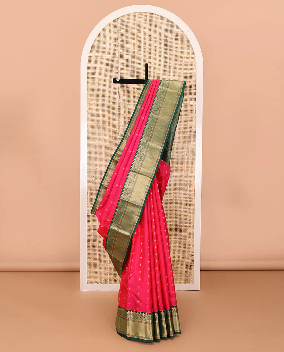Red zari buttas silk saree, contrast border of rekku,muthu, kodi visiry & vanki, & scallop pallu