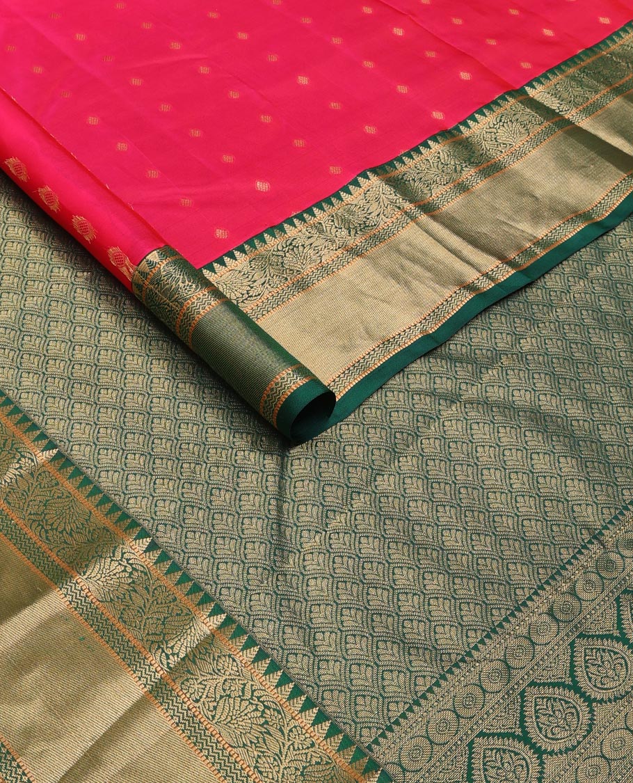Red zari buttas silk saree, contrast border of rekku,muthu, kodi visiry & vanki, & scallop pallu - Image 2