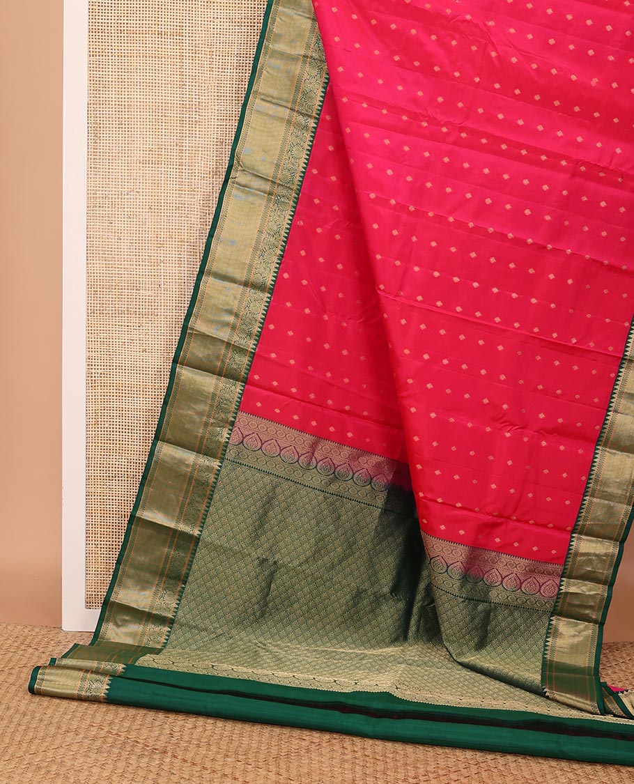 Red zari buttas silk saree, contrast border of rekku,muthu, kodi visiry & vanki, & scallop pallu - Image 3