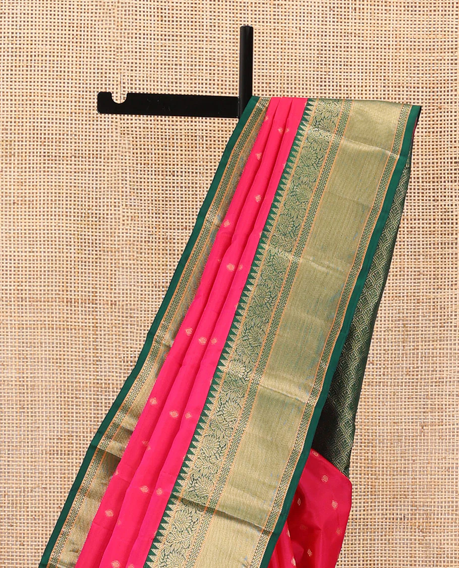 Red zari buttas silk saree, contrast border of rekku,muthu, kodi visiry & vanki, & scallop pallu - Image 4