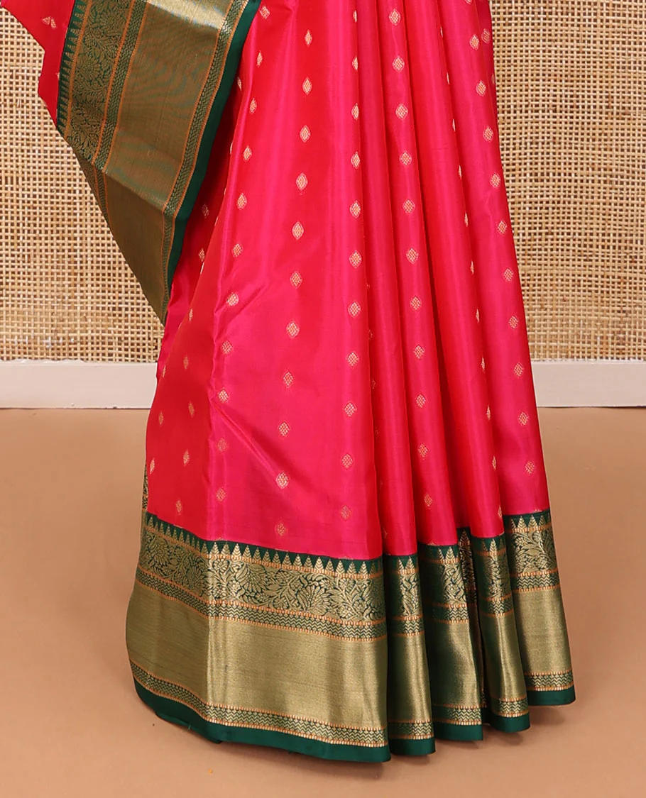 Red zari buttas silk saree, contrast border of rekku,muthu, kodi visiry & vanki, & scallop pallu - Image 5