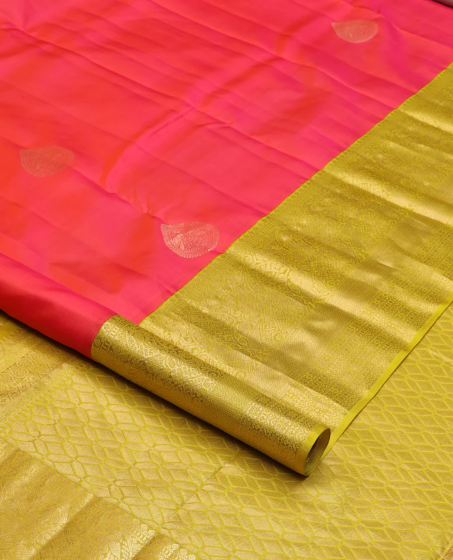 Red zari buttas Vasundhara silk saree, contrast border of thilakam mokku, muthu, yaali, and mayil kann, and geometric pallu - Image 2