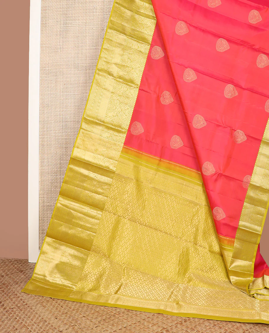 Red zari buttas Vasundhara silk saree, contrast border of thilakam mokku, muthu, yaali, and mayil kann, and geometric pallu - Image 3