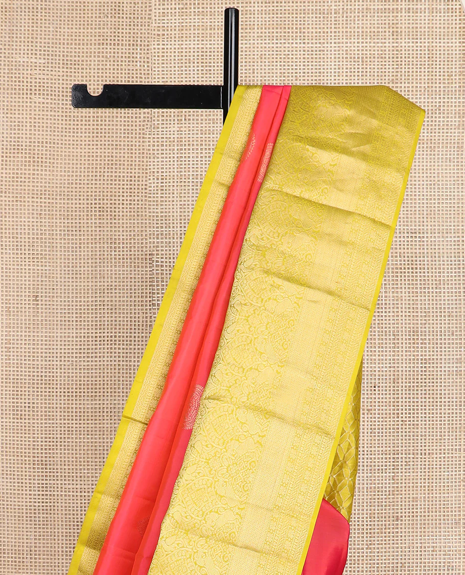 Red zari buttas Vasundhara silk saree, contrast border of thilakam mokku, muthu, yaali, and mayil kann, and geometric pallu - Image 4