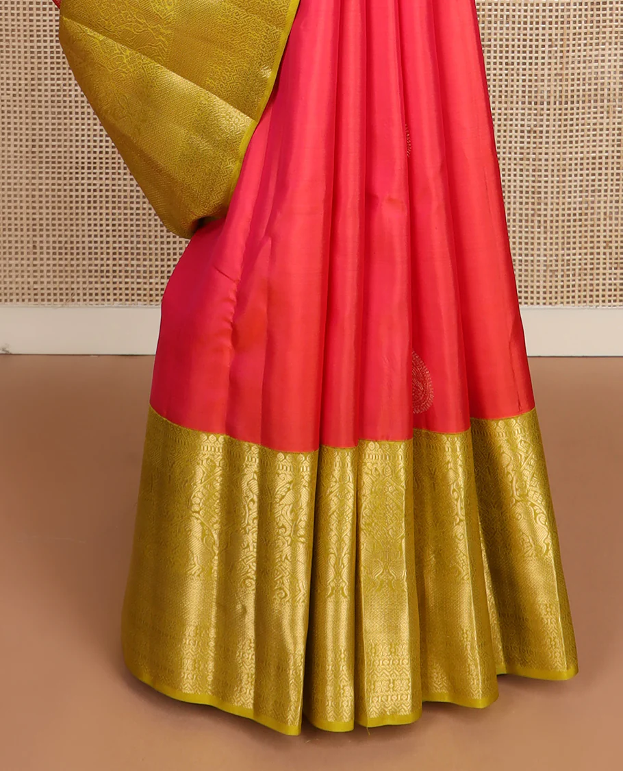Red zari buttas Vasundhara silk saree, contrast border of thilakam mokku, muthu, yaali, and mayil kann, and geometric pallu - Image 5