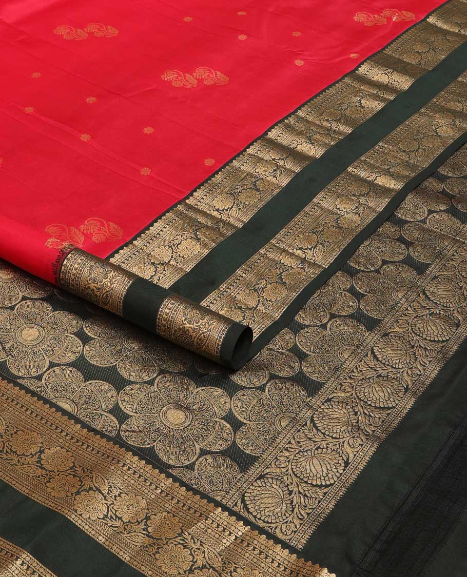 Red zari buttas Vasundhara silk saree, contrast rettai pettu border of manga, paisa and kodi visiry designs, and floral design pallu - Image 2