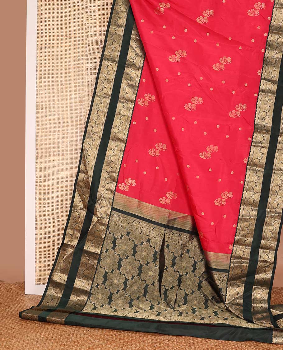 Red zari buttas Vasundhara silk saree, contrast rettai pettu border of manga, paisa and kodi visiry designs, and floral design pallu - Image 3