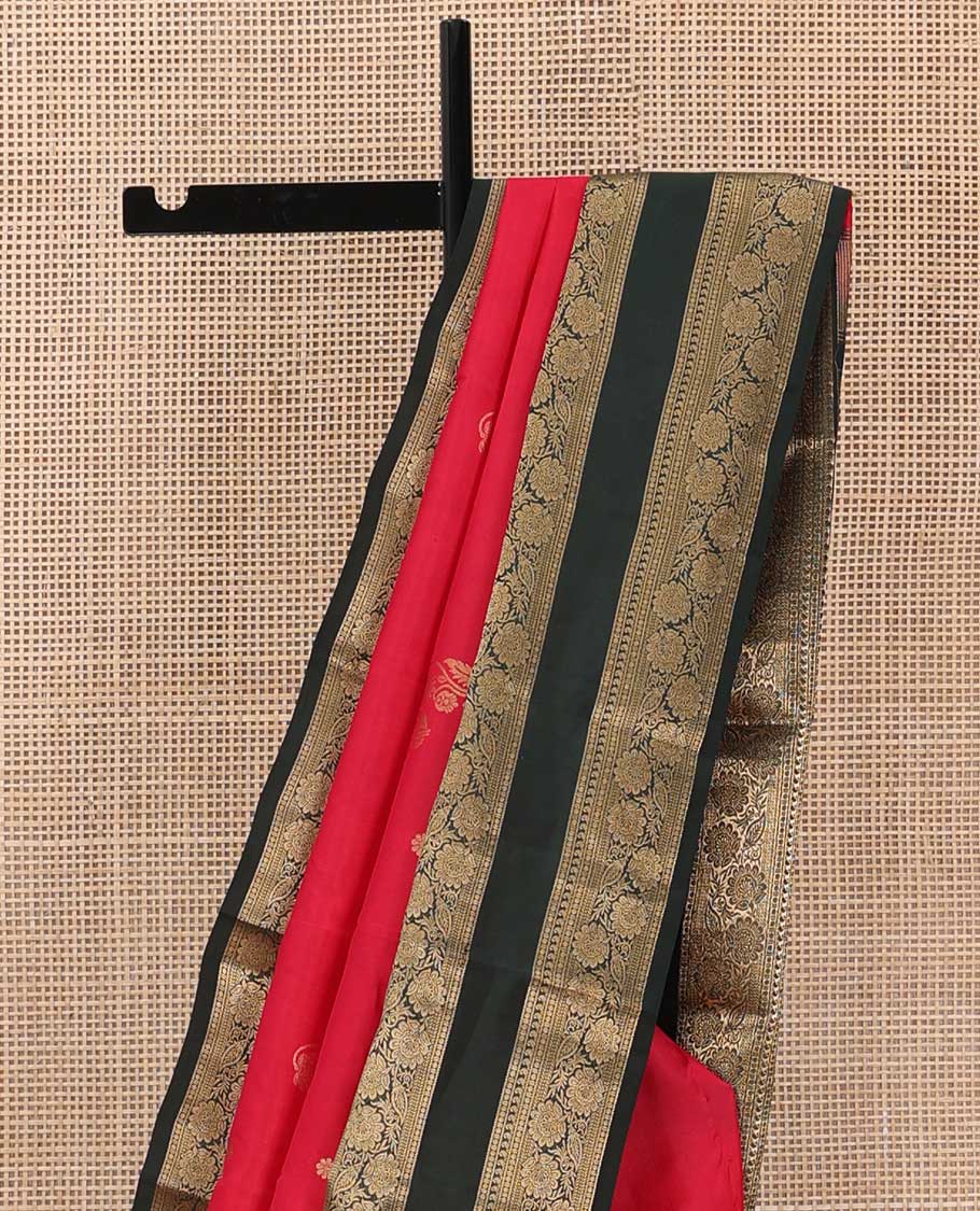 Red zari buttas Vasundhara silk saree, contrast rettai pettu border of manga, paisa and kodi visiry designs, and floral design pallu - Image 4
