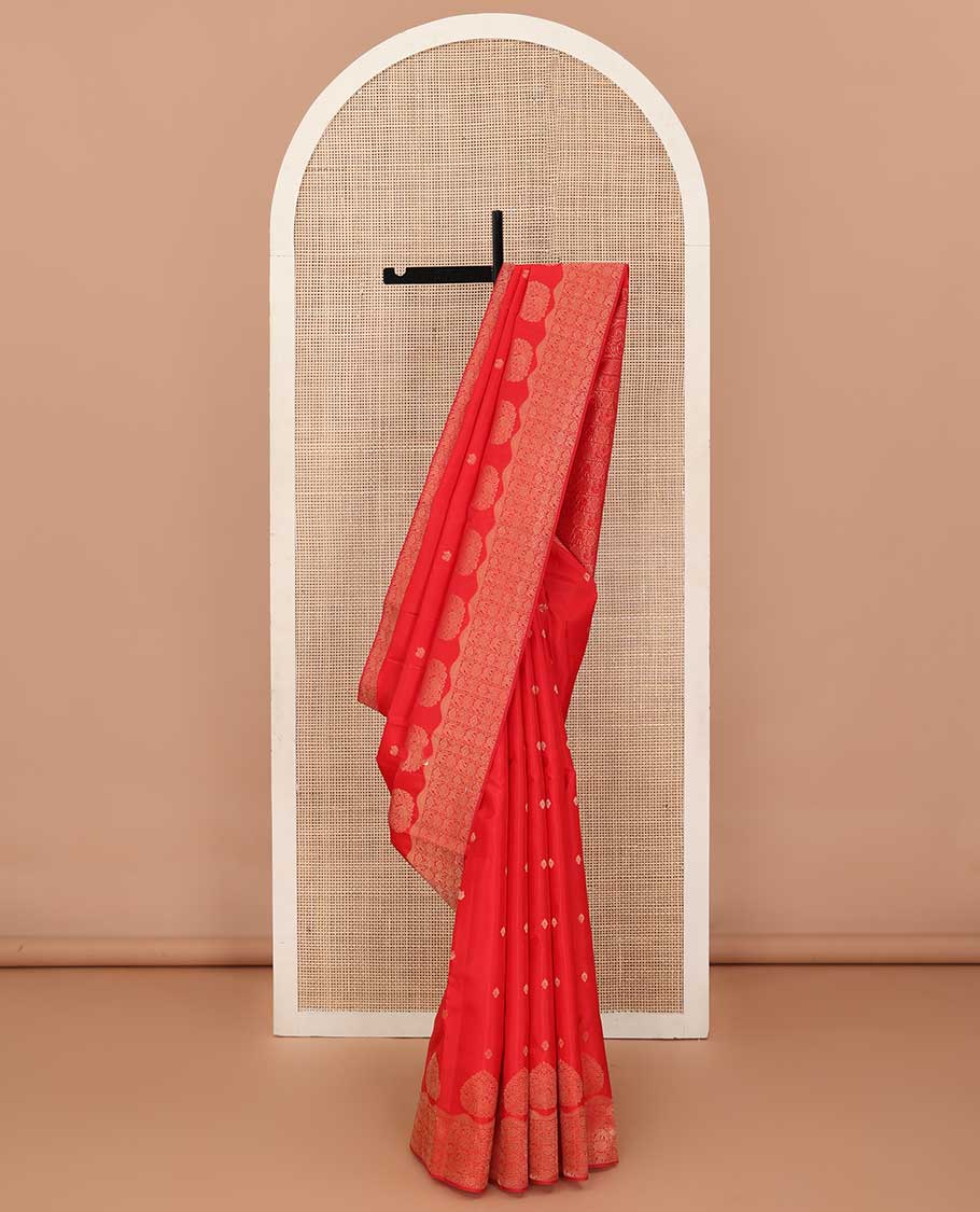 Red zari buttas Vasundhara silk saree, zari border and pallu of yanaai, diamond, chakram and mayil buttas enclosed checks