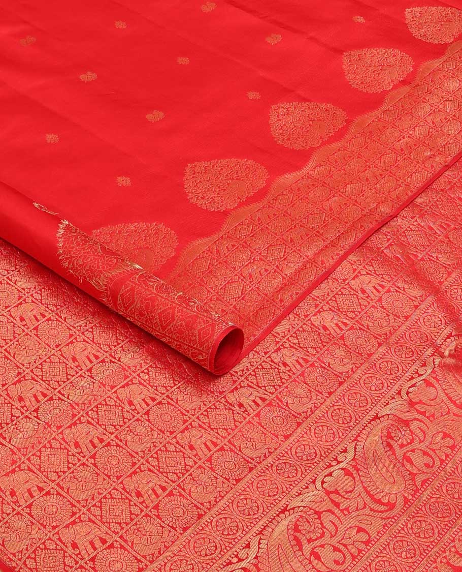 Red zari buttas Vasundhara silk saree, zari border and pallu of yanaai, diamond, chakram and mayil buttas enclosed checks - Image 2