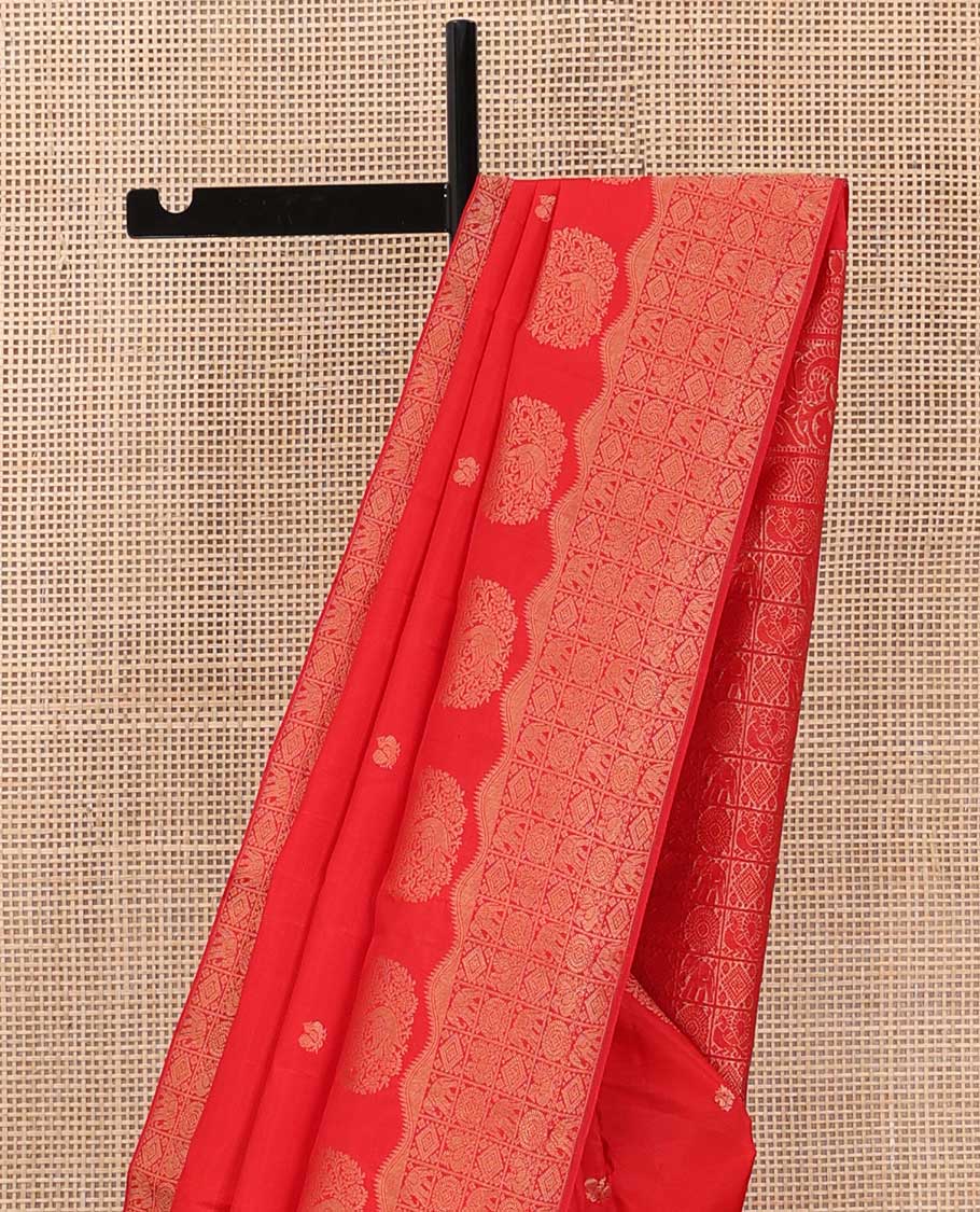 Red zari buttas Vasundhara silk saree, zari border and pallu of yanaai, diamond, chakram and mayil buttas enclosed checks - Image 4