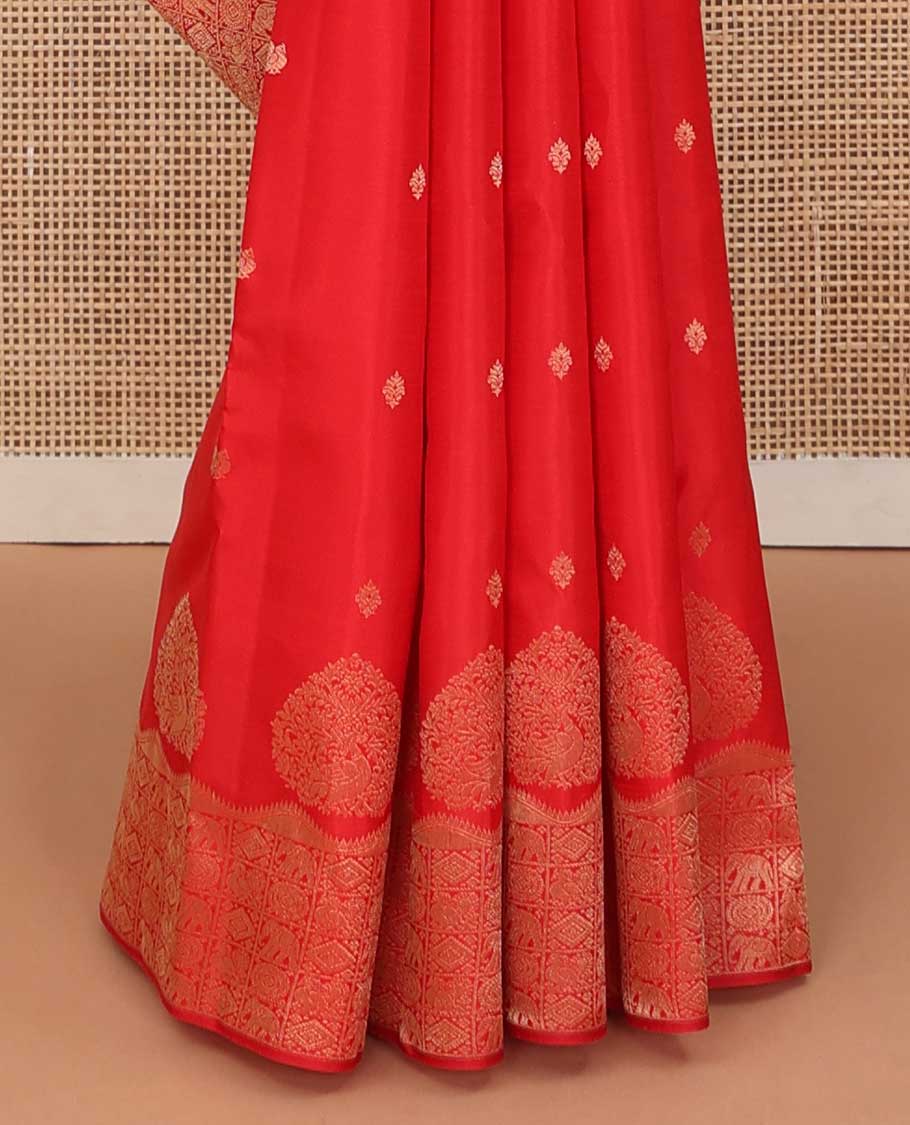 Red zari buttas Vasundhara silk saree, zari border and pallu of yanaai, diamond, chakram and mayil buttas enclosed checks - Image 5
