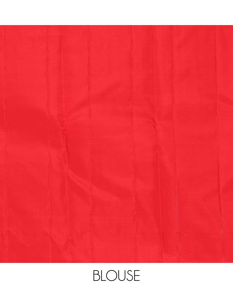 Red zari buttas Vasundhara silk saree, zari border and pallu of yanaai, diamond, chakram and mayil buttas enclosed checks - Image 6