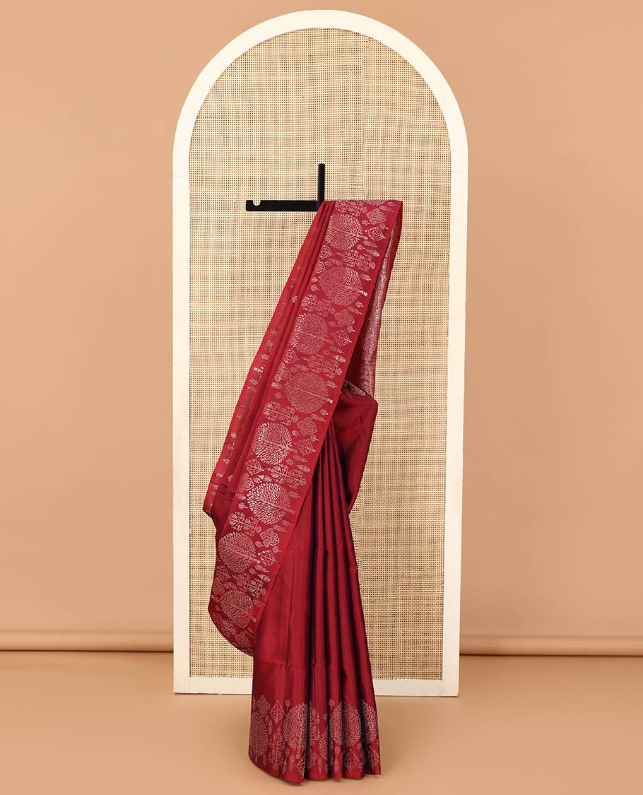 Red zari buttas Mayuri soft silk saree, zari border of pine tree designs, and pallu of intricate designs