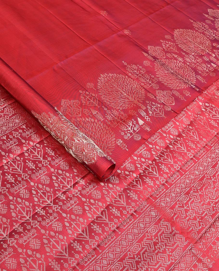 Red zari buttas Mayuri soft silk saree, zari border of pine tree designs, and pallu of intricate designs - Image 2