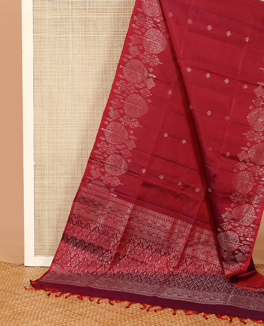 Red zari buttas Mayuri soft silk saree, zari border of pine tree designs, and pallu of intricate designs - Image 3