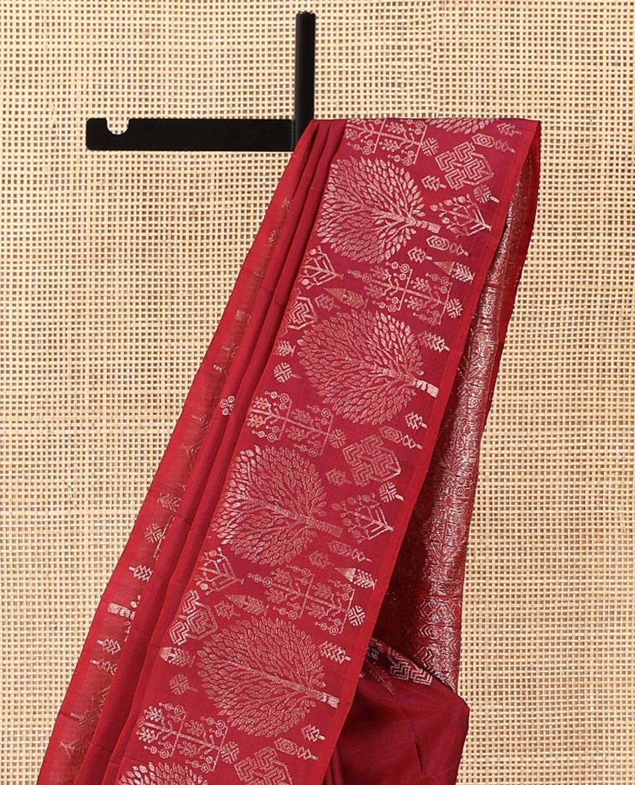 Red zari buttas Mayuri soft silk saree, zari border of pine tree designs, and pallu of intricate designs - Image 4