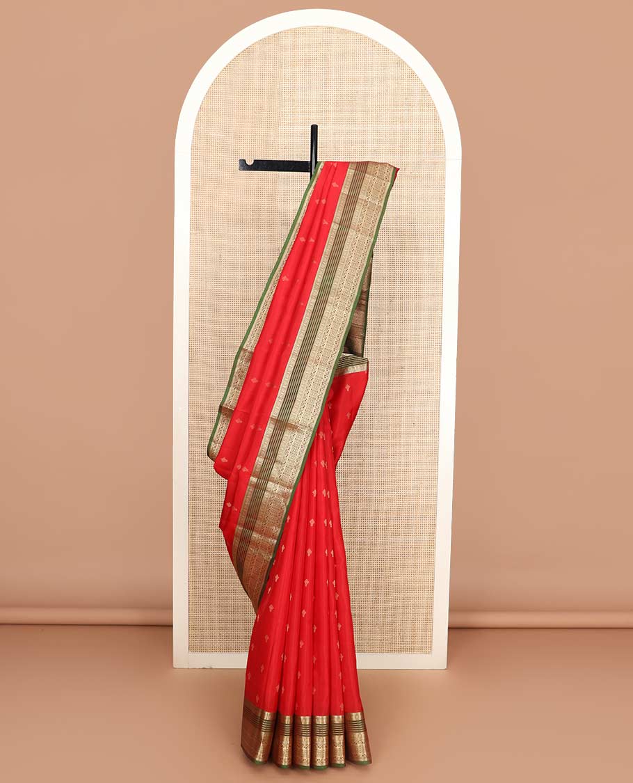 Red zari buttas Vasundhara Lite Silk Mix Saree, contrast border of muthu, banaras, kodi visiry, and chakram designs, and pallu of manga designs