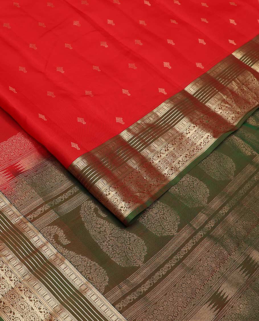 Red zari buttas Vasundhara Lite Silk Mix Saree, contrast border of muthu, banaras, kodi visiry, and chakram designs, and pallu of manga designs - Image 2