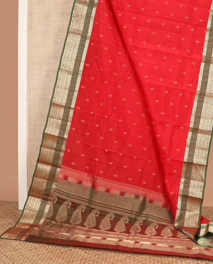 Red zari buttas Vasundhara Lite Silk Mix Saree, contrast border of muthu, banaras, kodi visiry, and chakram designs, and pallu of manga designs - Image 3