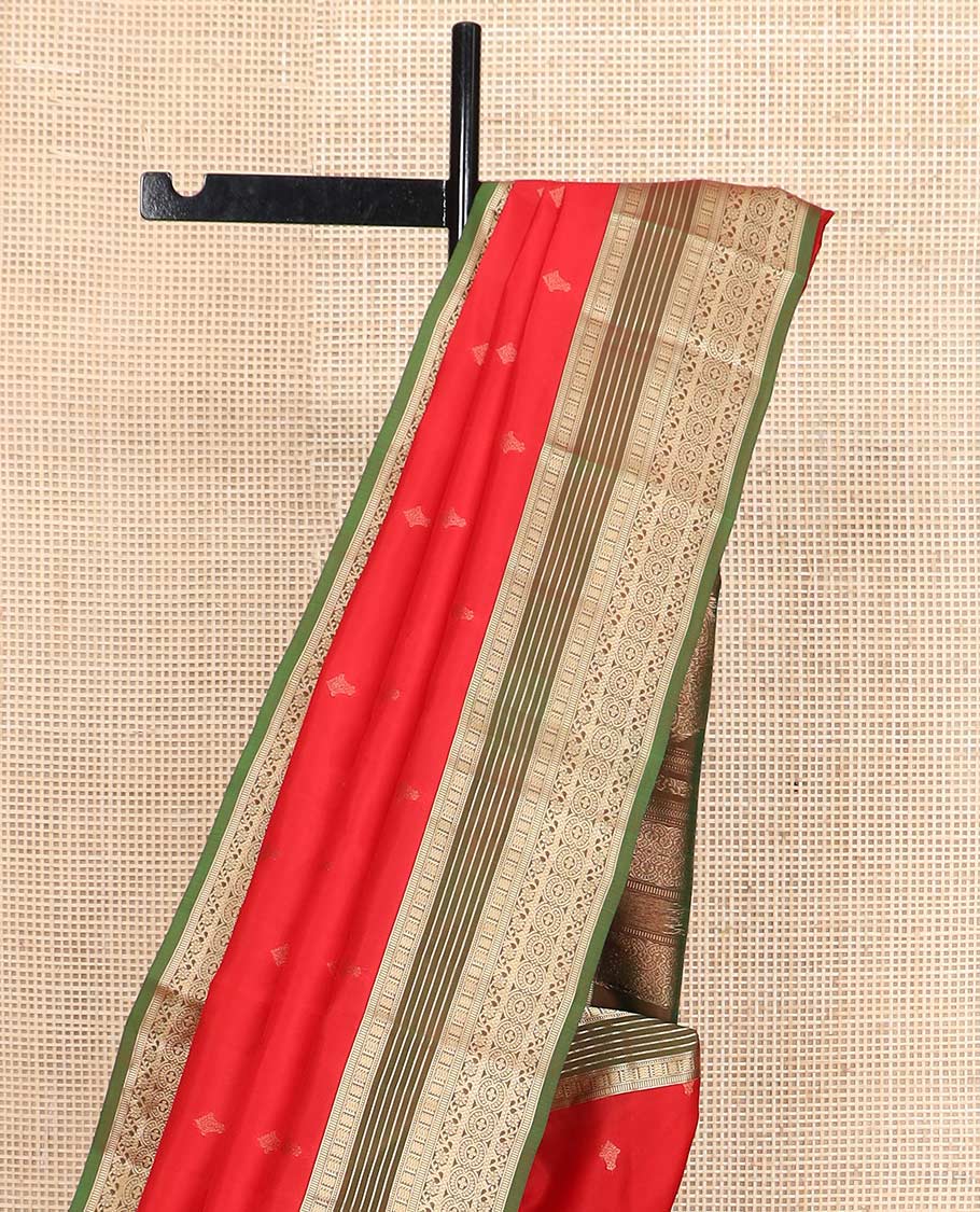 Red zari buttas Vasundhara Lite Silk Mix Saree, contrast border of muthu, banaras, kodi visiry, and chakram designs, and pallu of manga designs - Image 4