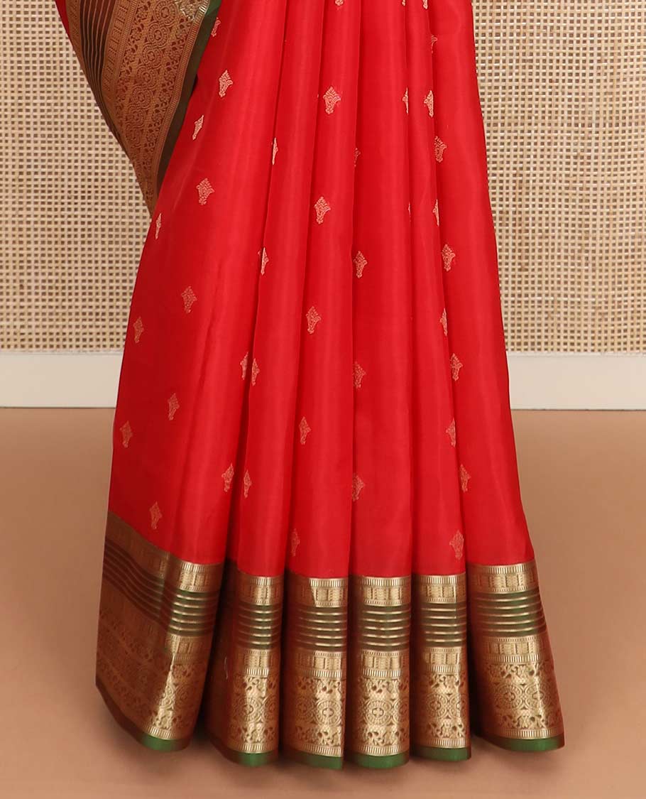 Red zari buttas Vasundhara Lite Silk Mix Saree, contrast border of muthu, banaras, kodi visiry, and chakram designs, and pallu of manga designs - Image 5