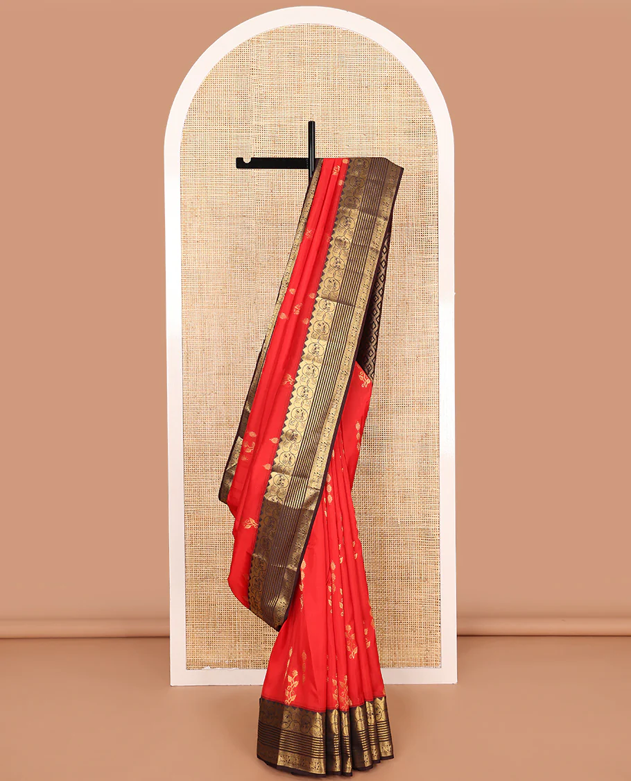 Red zari buttas Vasundhara Lite Silk Mix Saree, contrast border of thazampoo rekku, neli, mayil, and yaanai, and jaal pallu