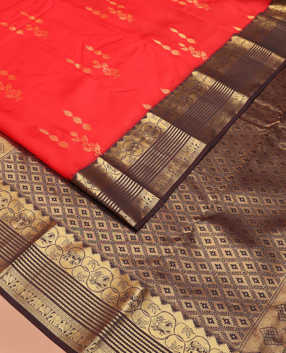 Red zari buttas Vasundhara Lite Silk Mix Saree, contrast border of thazampoo rekku, neli, mayil, and yaanai, and jaal pallu - Image 2