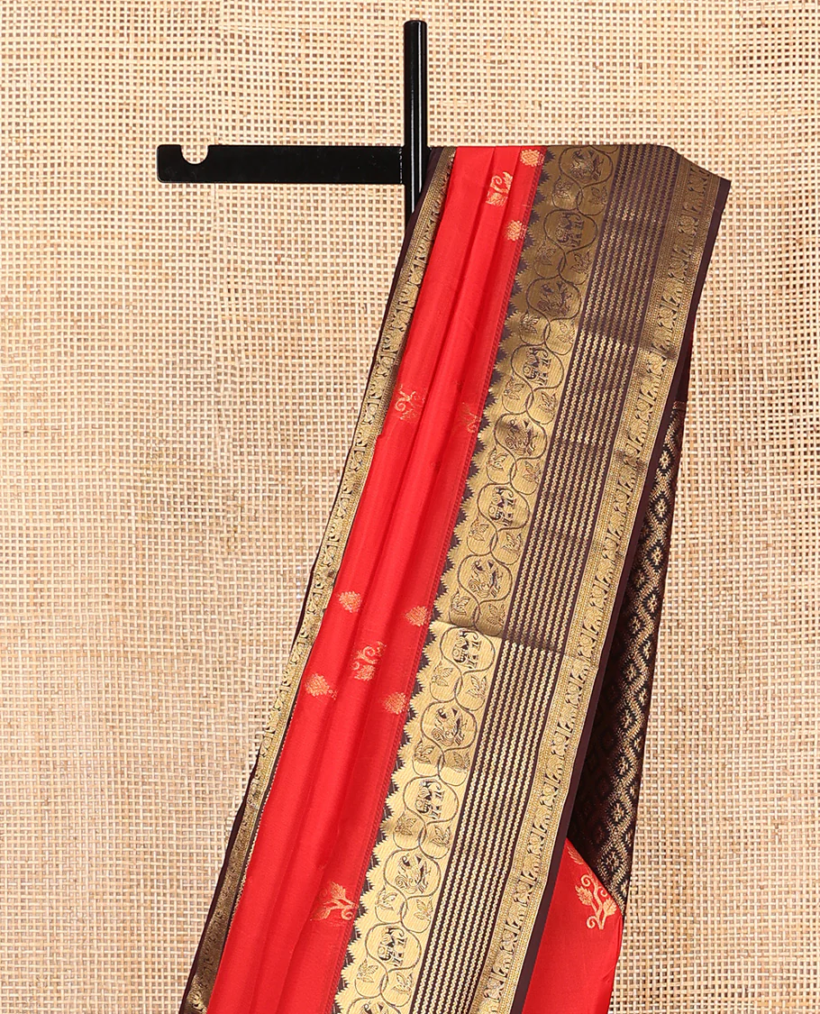 Red zari buttas Vasundhara Lite Silk Mix Saree, contrast border of thazampoo rekku, neli, mayil, and yaanai, and jaal pallu - Image 3