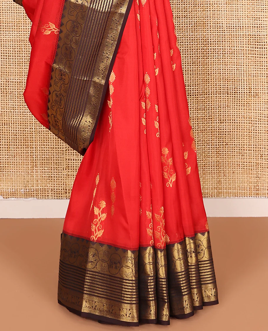 Red zari buttas Vasundhara Lite Silk Mix Saree, contrast border of thazampoo rekku, neli, mayil, and yaanai, and jaal pallu - Image 4