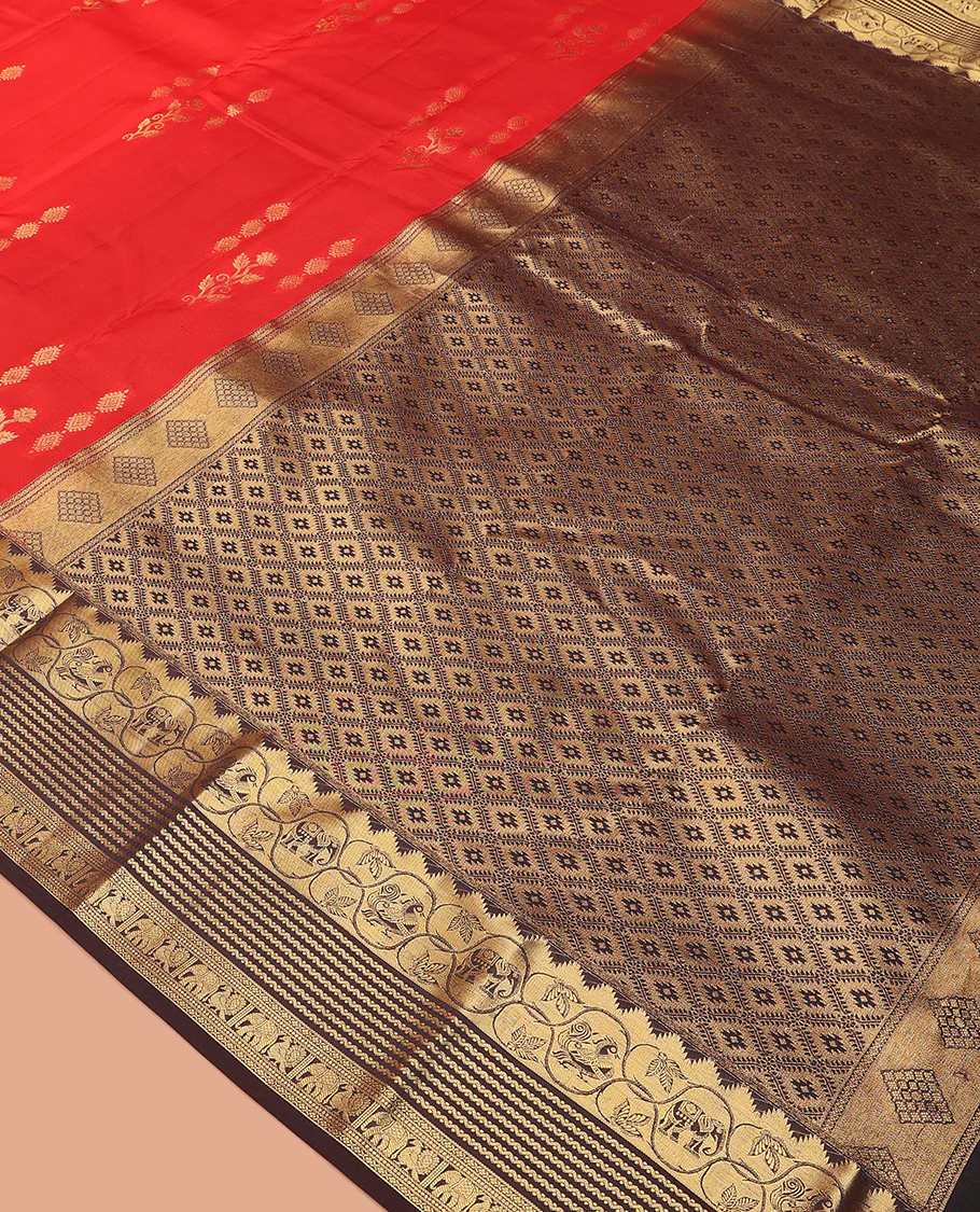 Red zari buttas Vasundhara Lite Silk Mix Saree, contrast border of thazampoo rekku, neli, mayil, and yaanai, and jaal pallu - Image 5