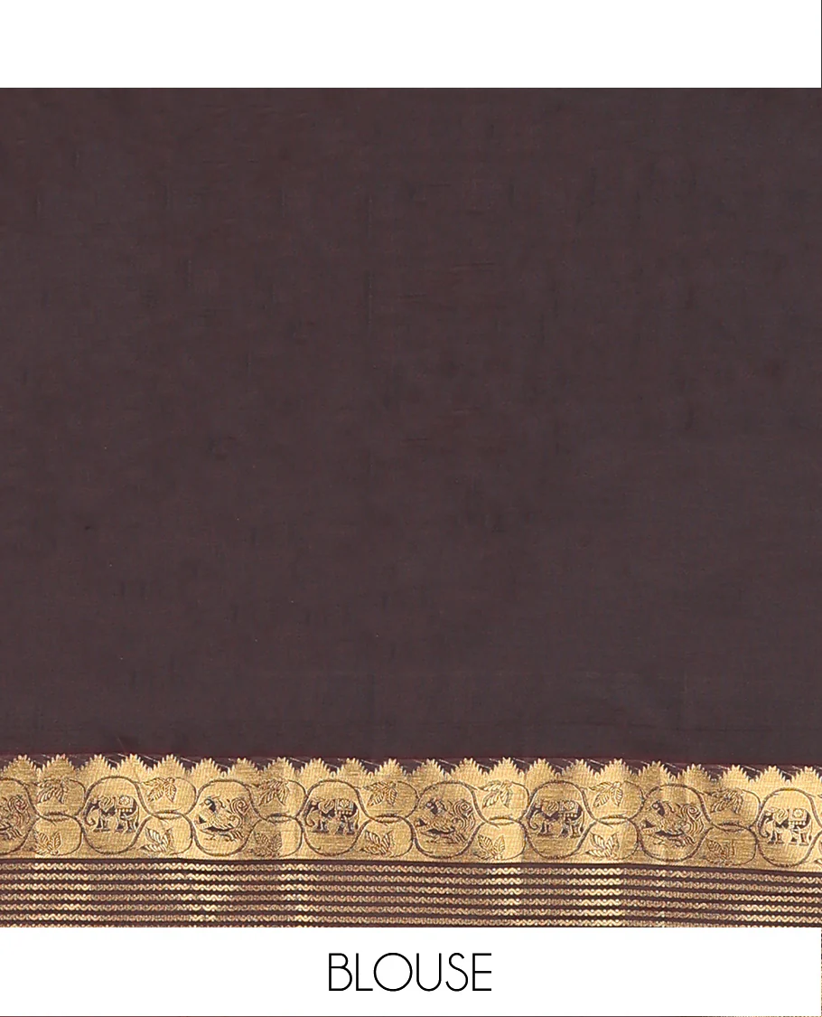 Red zari buttas Vasundhara Lite Silk Mix Saree, contrast border of thazampoo rekku, neli, mayil, and yaanai, and jaal pallu - Image 6