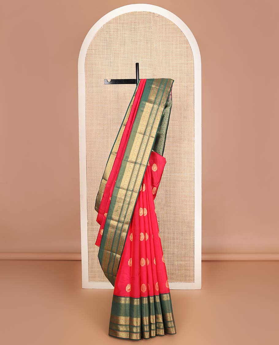 Red zari buttas Vasundhara Lite Silk Mix Saree, contrast traditional design zari border & jaal pallu