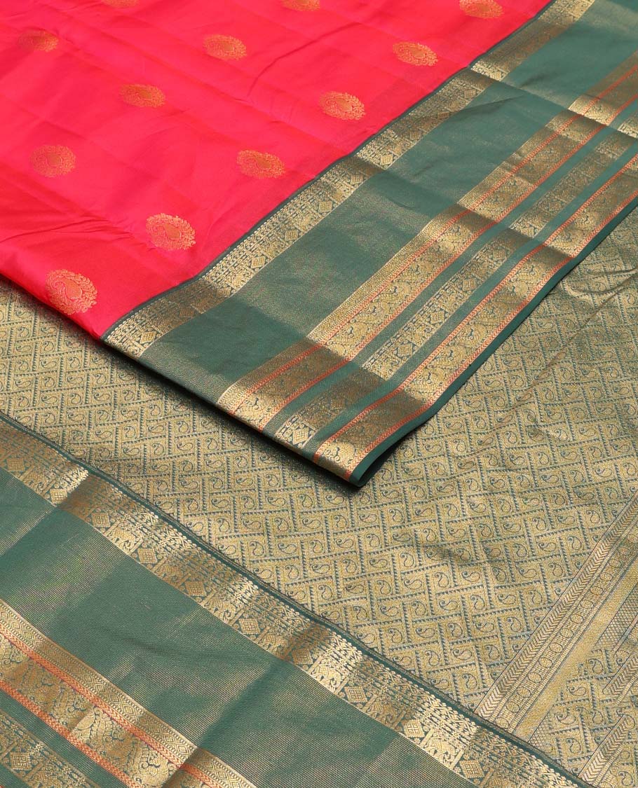 Red zari buttas Vasundhara Lite Silk Mix Saree, contrast traditional design zari border & jaal pallu - Image 2