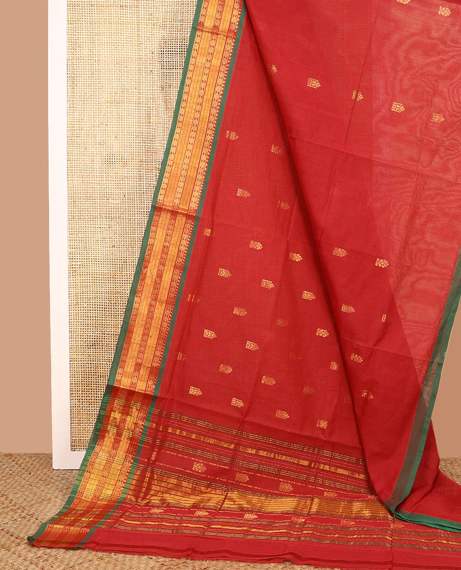 Red zari buttas Venkatagiri cotton saree with contrast traditional zari border, and pallu of zari designs - Image 2