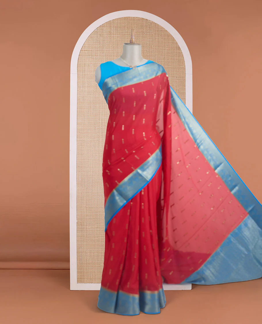 Red zari buttas woven Mysore silk saree, contrast gleaming zari intricate motifs woven border, and zari rich pallu - Image 2