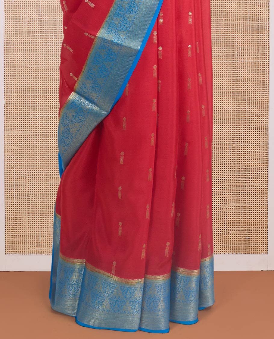 Red zari buttas woven Mysore silk saree, contrast gleaming zari intricate motifs woven border, and zari rich pallu - Image 4
