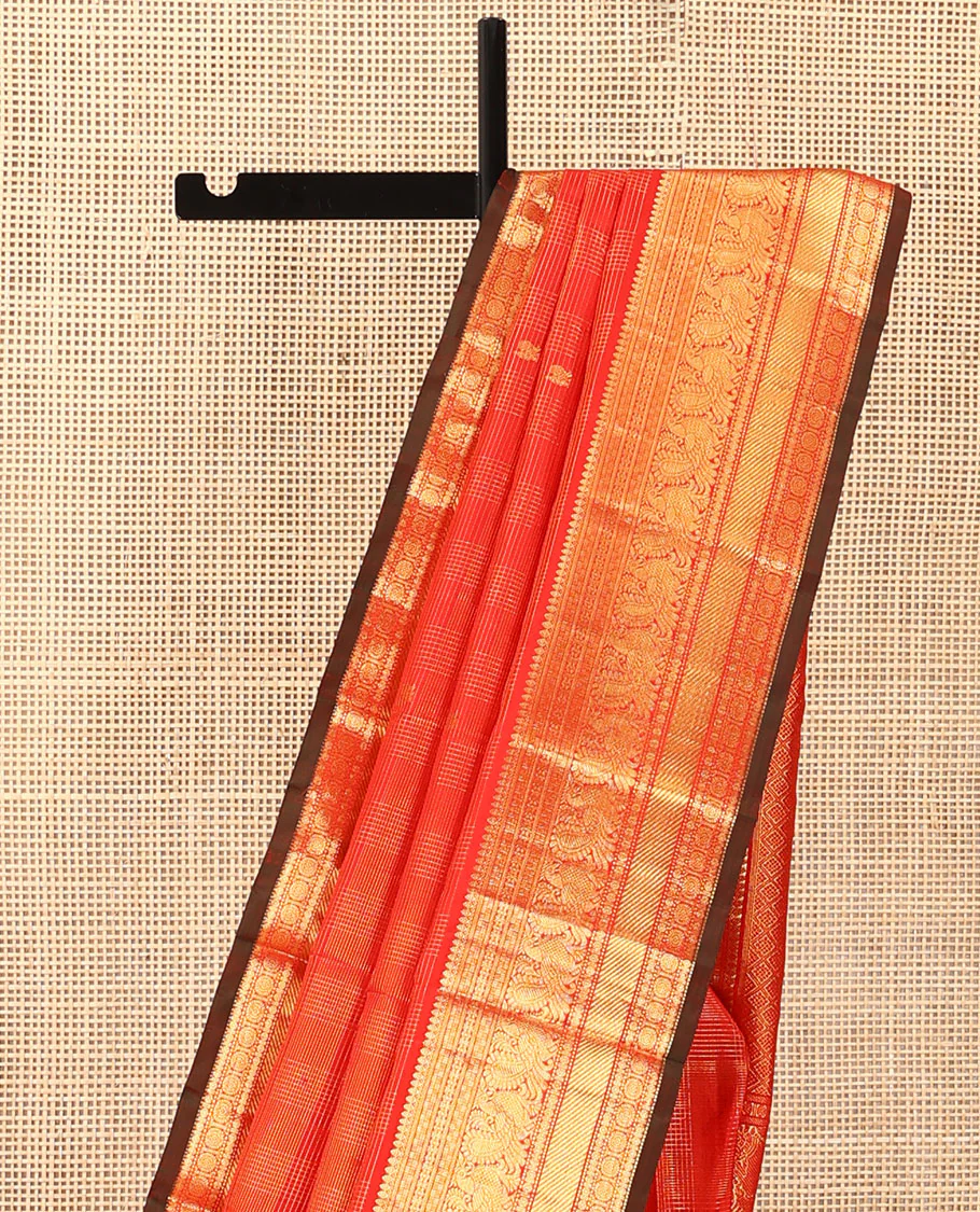 Red zari checked and buttas Kanchipuram silk saree, zari border of thilakam mokku, banaras, kamalam, mayil, and chakram designs, and jaal pallu - Image 4