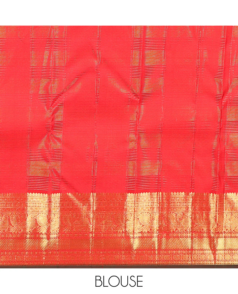 Red zari checked and buttas Kanchipuram silk saree, zari border of thilakam mokku, banaras, kamalam, mayil, and chakram designs, and jaal pallu - Image 6