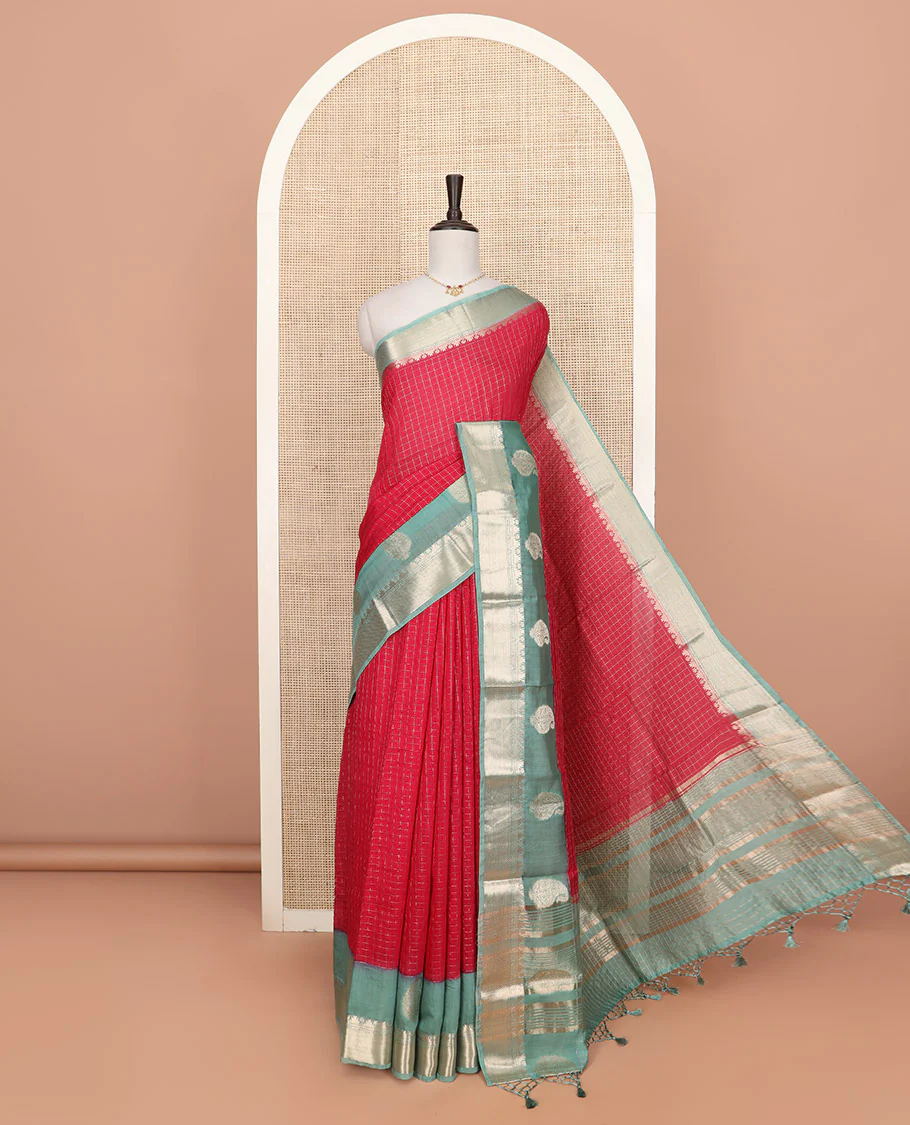 Red zari checked Assam silk saree, contrast traditional zari border of paisleys, and pallu of zari stripes