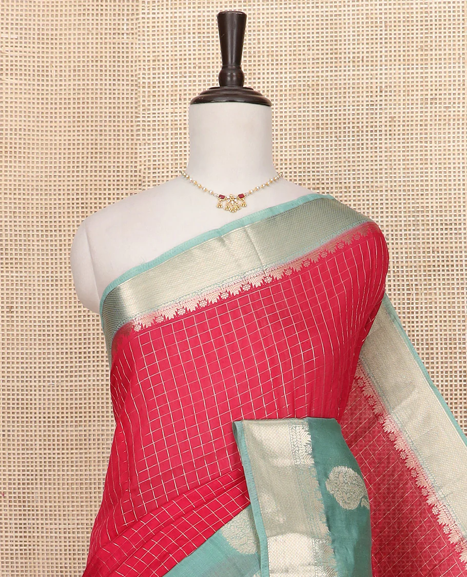 Red zari checked Assam silk saree, contrast traditional zari border of paisleys, and pallu of zari stripes - Image 2