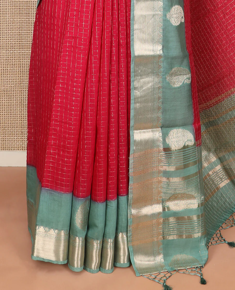 Red zari checked Assam silk saree, contrast traditional zari border of paisleys, and pallu of zari stripes - Image 3